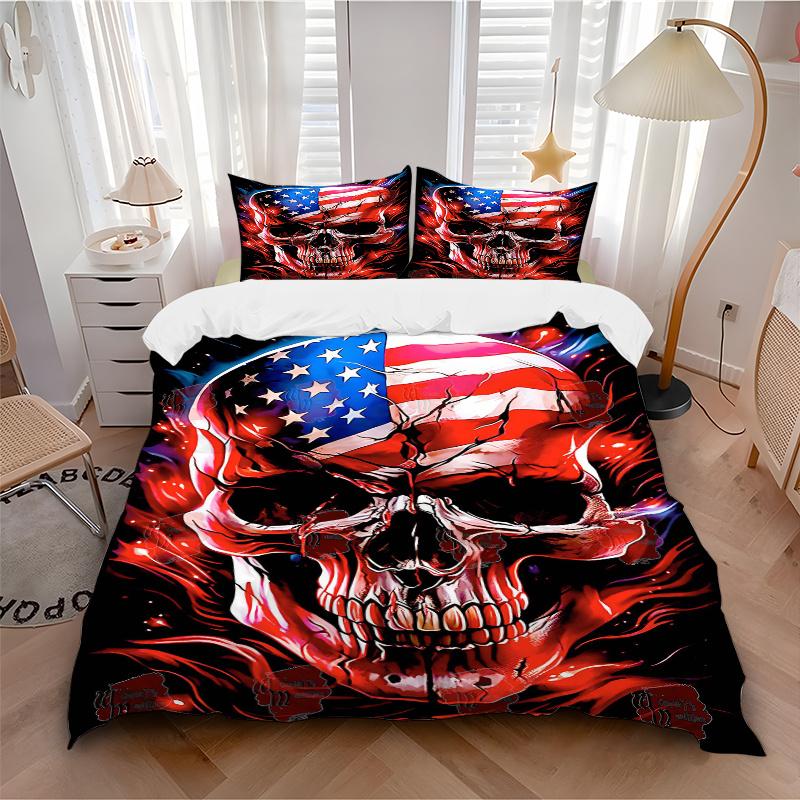 3pcs Skull with Flames Quilt Cover Set - Soft & Comfortable Polyester Fabric, All-Season Breathable Comforter Set For 1 Quilt Cover & 2 Pillowcas