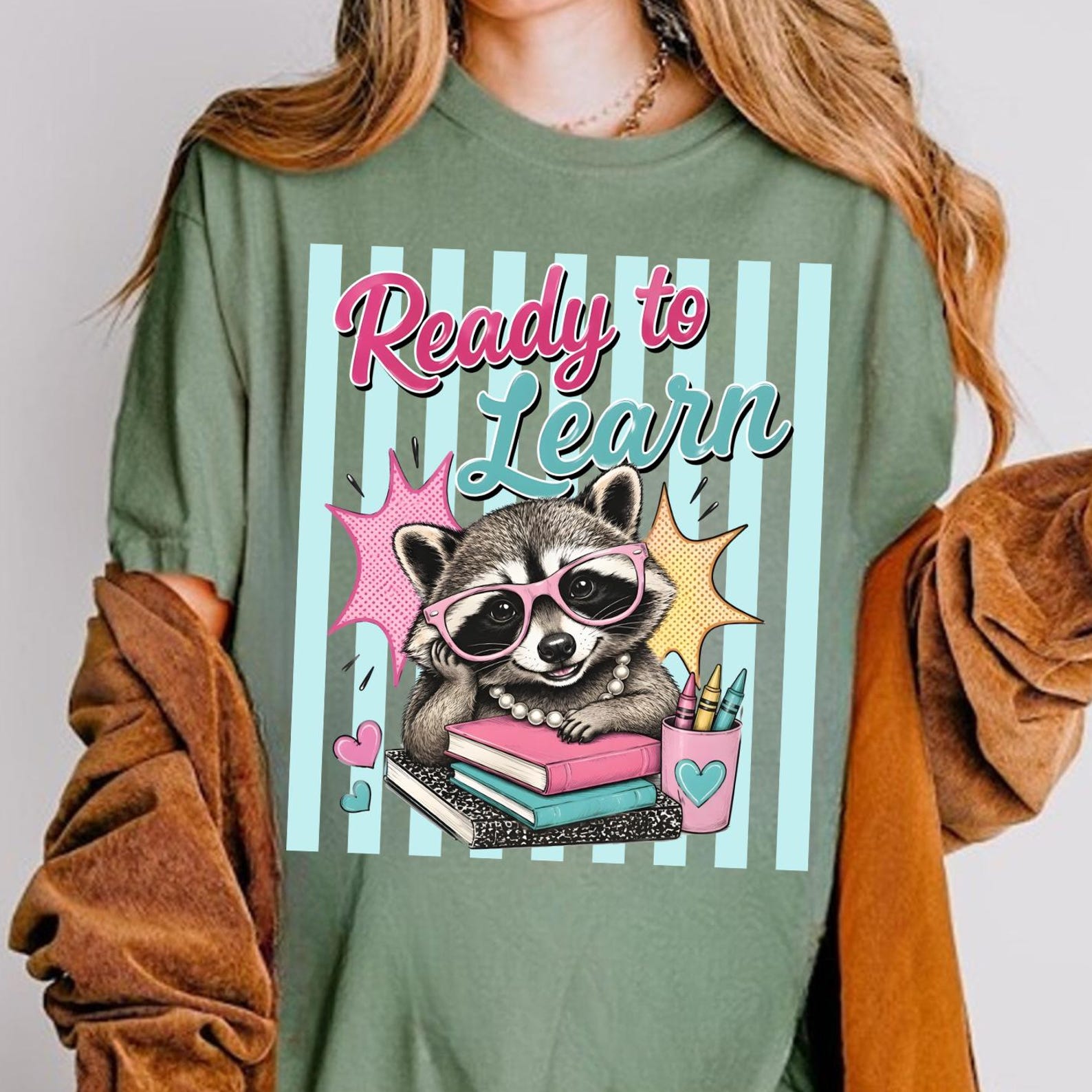Striped First Day Of School Teacher Shirt, Raccoon Ready To Learn Shirt, Raccoon Teacher Shirt, Teacher Appreciation, Last Day Of School S