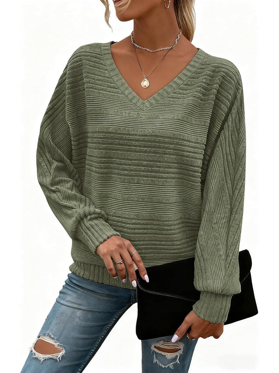 2025 Women s V-Neck Patchwork Long Sleeve Casual Pullover Top - Solid Color L