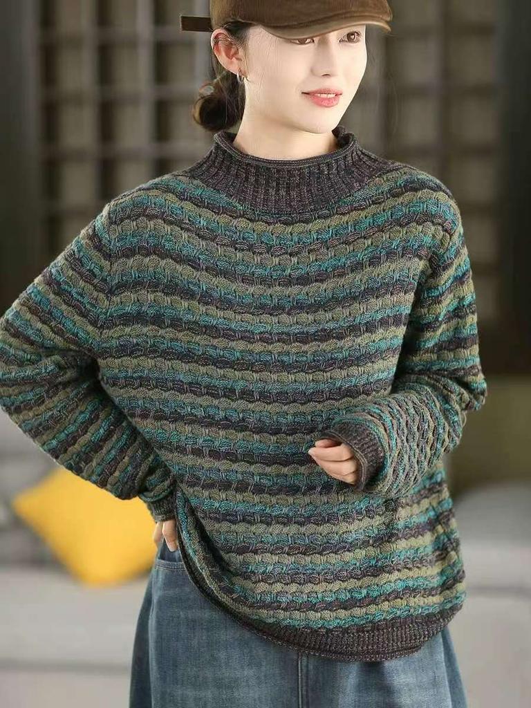 Johnature Women Vintage Pullover Sweaters Half Hight Collar Striped Knitted Spring Long Sleeve Sweaters