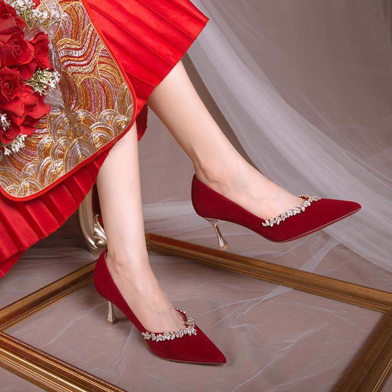 Women's Fashion Slim Heel Shoes Fall New Pointy Head Shallow Mouth Rhinodrill A Slip-on Temperament High Heel Wedding Shoes