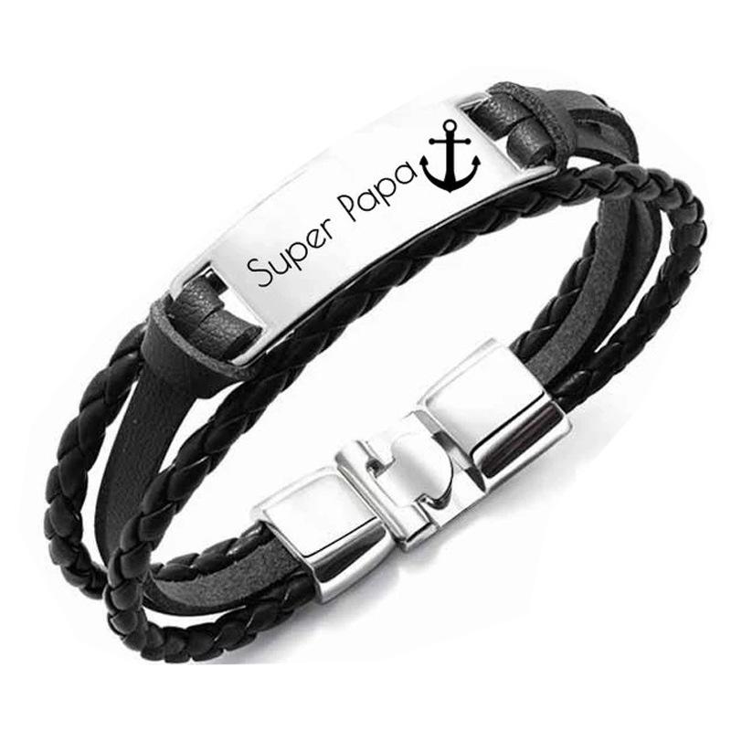

New leather bracelet hand-woven black steel brand lettering bracelet stainless steel tongue buckle steel brand lettering leather bracelet