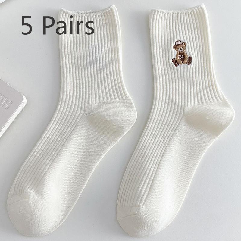 

5 пар женских весенних и осенних новых хлопковых носков-труб с милым медведем 5 Pairs молочный белый