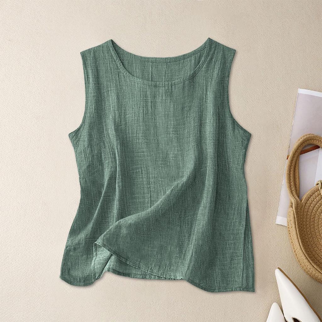 Damen ärmelloses Tanktop atmungsaktive Leinenmischung lockere Passform Basic Rundhalsausschnitt leichtes Freizeitshirt für Frühling Sommer