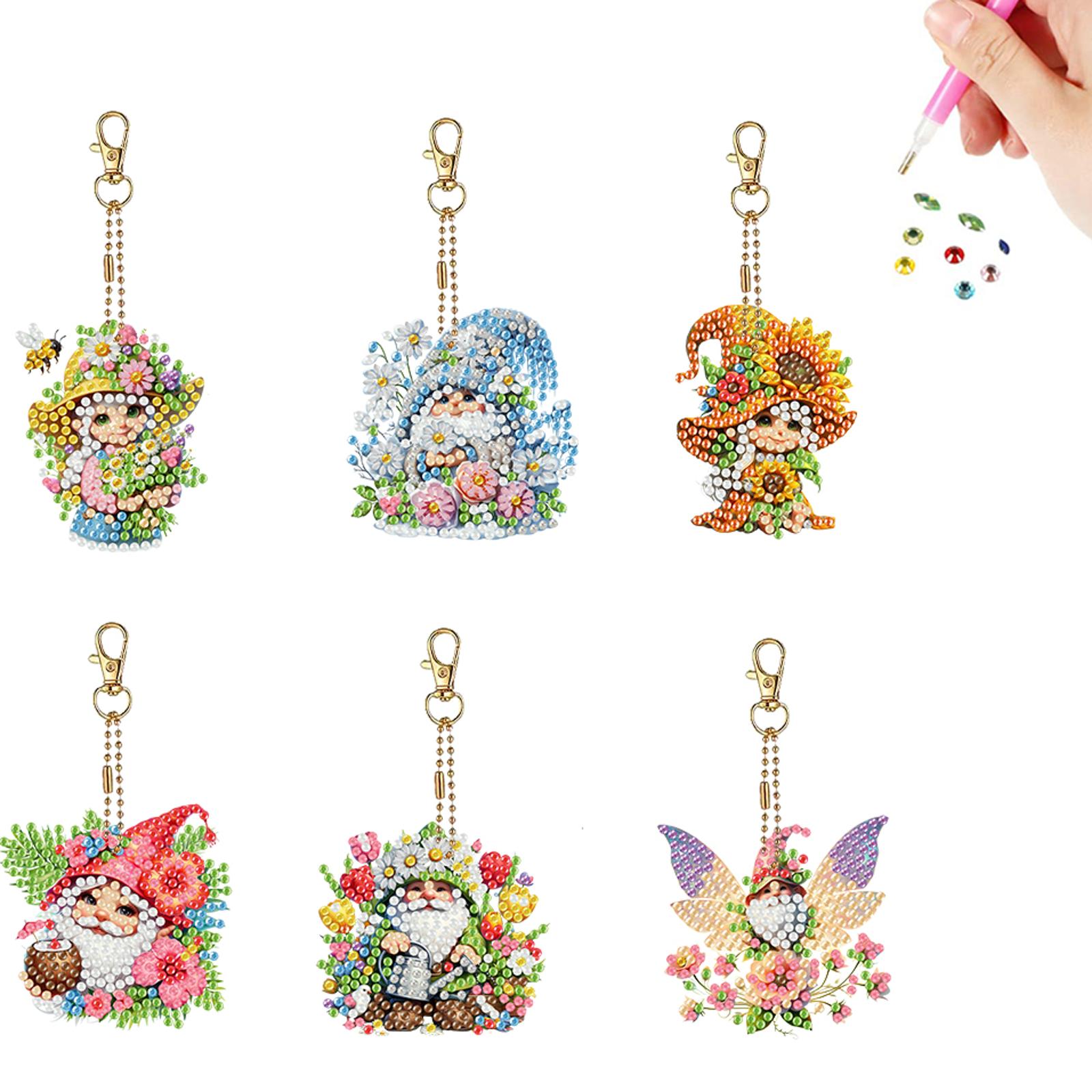 

6PCS 2D Flat DIY Diamond Art Keychains Double Sided Drill Glitter Rhinestone Keychains Shiny Rhinestone Keyring for Keys Storage