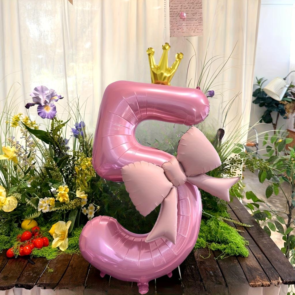 Pink Crown-Shaped Number Balloons And Pink Bow-Shaped Foil Balloons, for Decorating Birthday Parties, Anniversaries Celebrations
