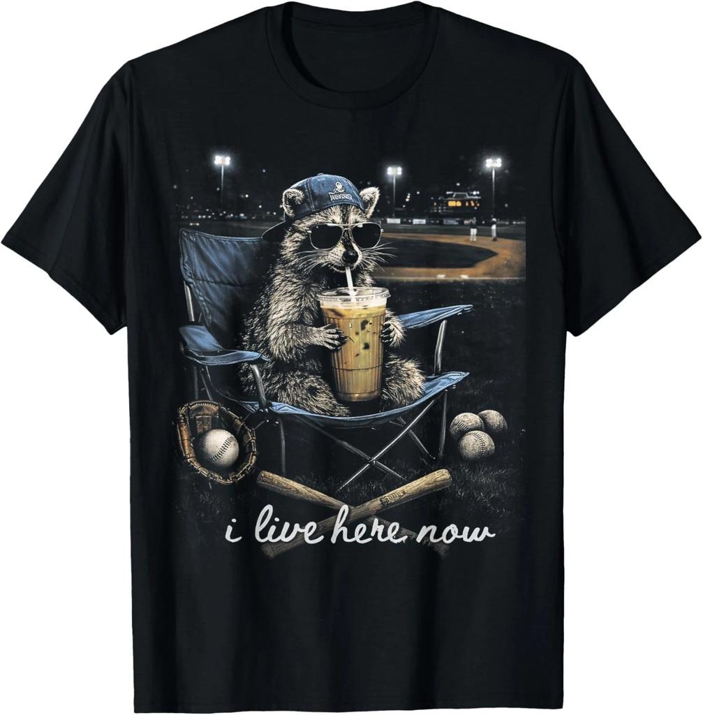 Funny Raccoon Baseball Iced Coffee Lover I Live Here Now Gift Unisex T-Shirt
