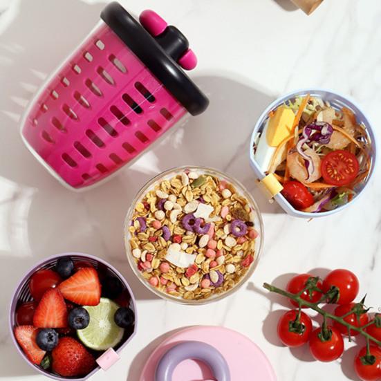Portable Fruit Salad Container with Fork 650ml Leak-Proof BPA-Free Lunch Box with Strainer Double-Layer Lunchbox for Work Picnic Travel