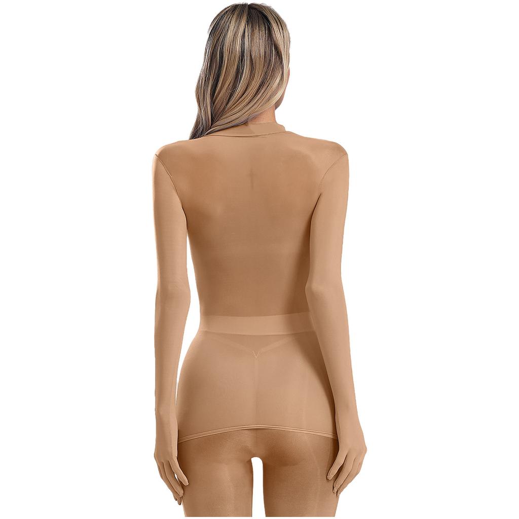 Womens Glossy Sheer Long Sleeve Top Slim Fit Stretchy Pullover Round Neck Nightclub Glamorous Clubwear
