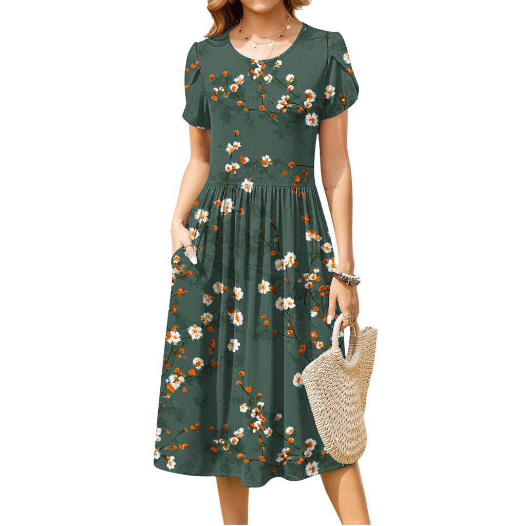 Women's Fashion Casual Loose Floral Print Round Neck Pocket Short Sleeve Dress
