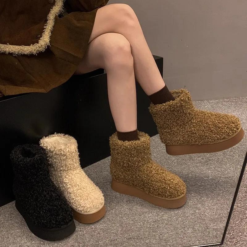 2024 Winter New Retro Thick Sole Woolen Velvet Snow Boots for Women Simple Cotton Boots