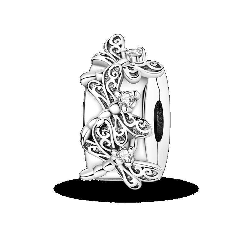 Silver Clasp 925 Silver CZ Pave Clip Charms Daisy Beads Stopper Safety Chain Fit Original Bangle Bracelet Jewelry Clip