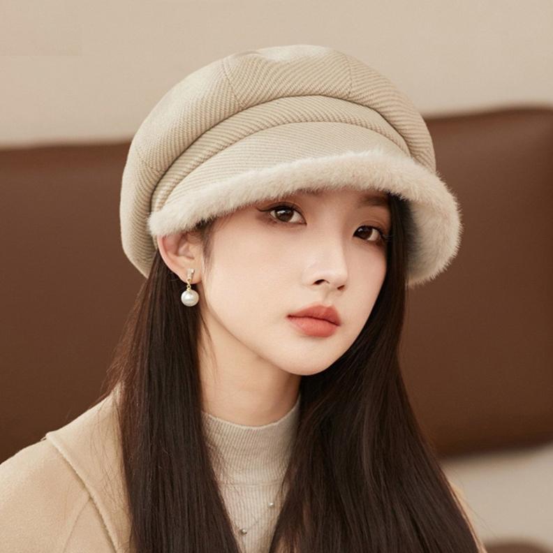 Plush Warm Plush Beret Women's New Autumn and Winter Octagonal Hat Thickened Fashion Pile Hat Bucket Hat