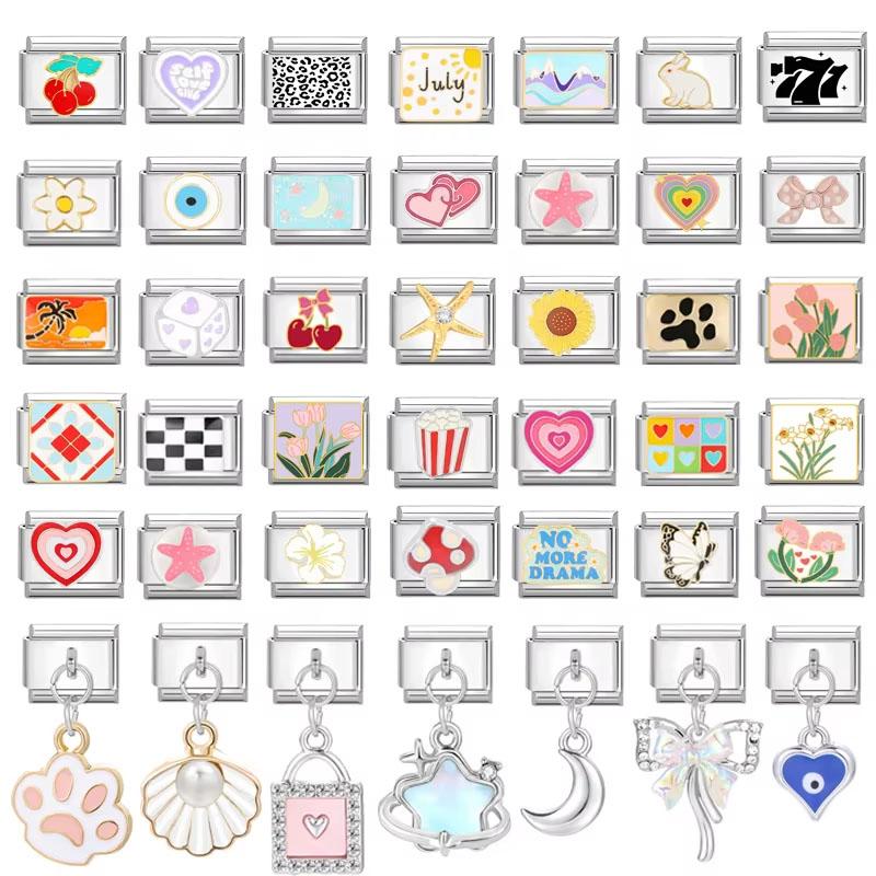 Fashion Flowers Devil Eyes Heart Butterfly Cherry Italian Charm Links Stainless Steel Fit 9mm Bracelet Zircon DIY Making Gifts