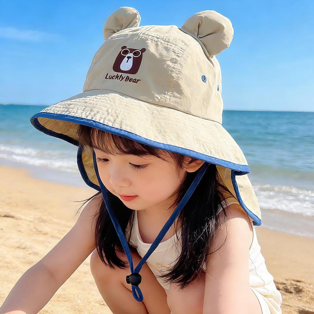 Kids' Summer Wide Brim Bucket Hat - Little Bear Design, Breathable, Quick-Dry Sun Protection for Boys & Girls