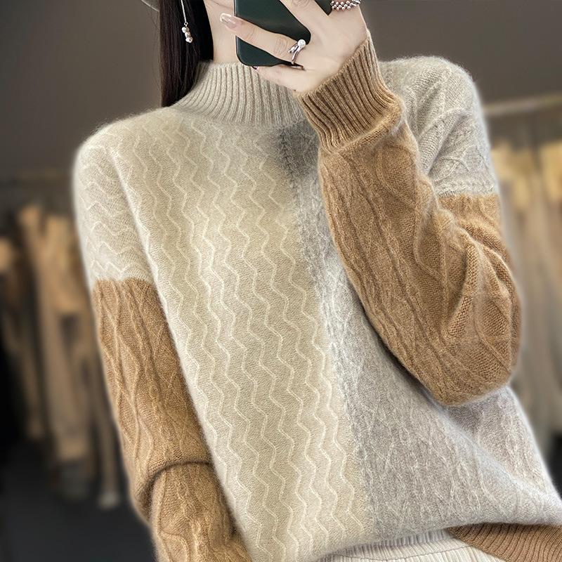 Contrasting Color Half Turtleneck Cardigan for Women In Autumn and Winter New Light Luxury Fashion Knitted Base Shirt Loose Versatile Top