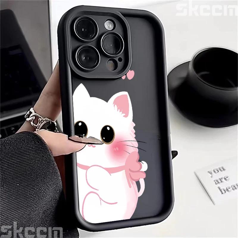 Cute Cartoon Black White Cat Phone Case For iPhone 16 Pro Max 15 14 13 12 11 XS XR X 8 7 15 Plus Shockproof Soft Silicone Cover