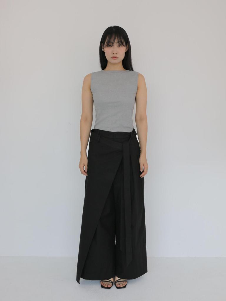 Jinhosyou Wrap-Over Wide Tuck Pants Black With Strap Detail