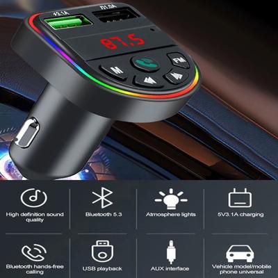 Bluetooth 5.3 Auto-FM-Transmitter Freihändiger Wireless-Kit Dual-USB-Autoladegerät Autoradio-MP3-Player-Adapter mit Umgebungslicht