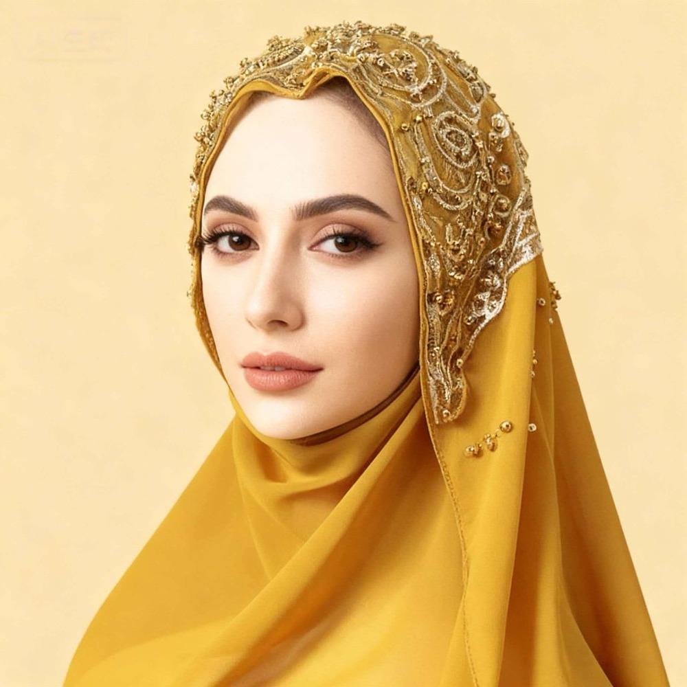 Breathable Muslim Instant Turban Solid Color Islamic Crinkle Shawl New Rhinestone Chiffon Scarf