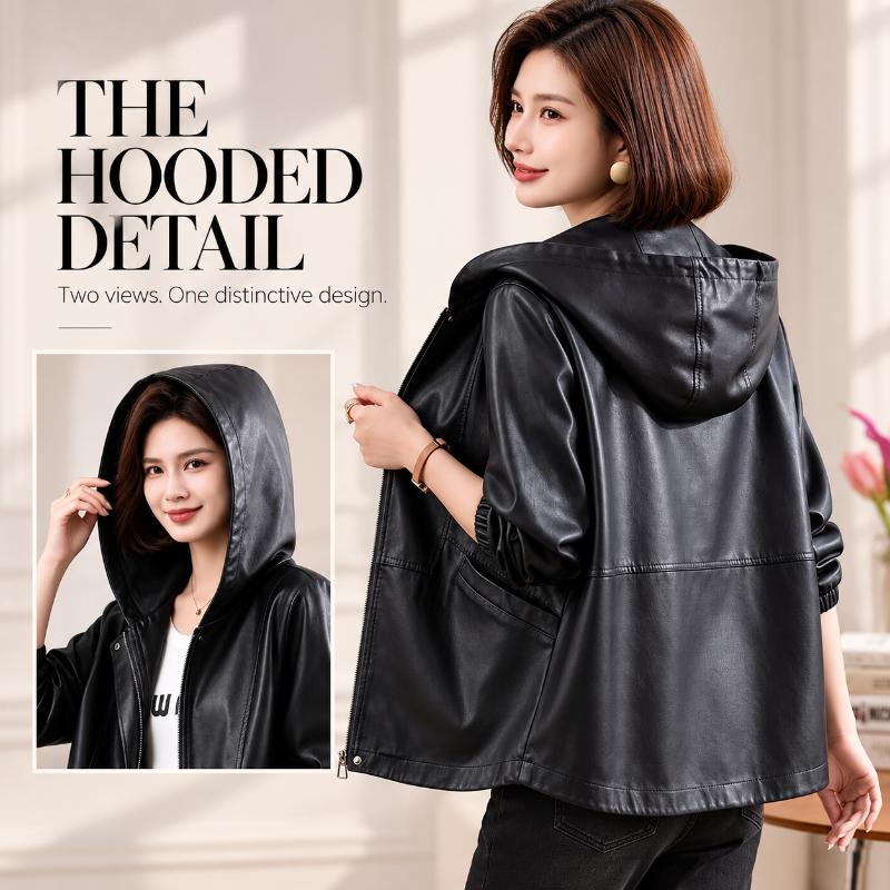 Women's Black Hooded Faux Leather Jacket Loose Fit Long Sleeve Casual Short Outerwear