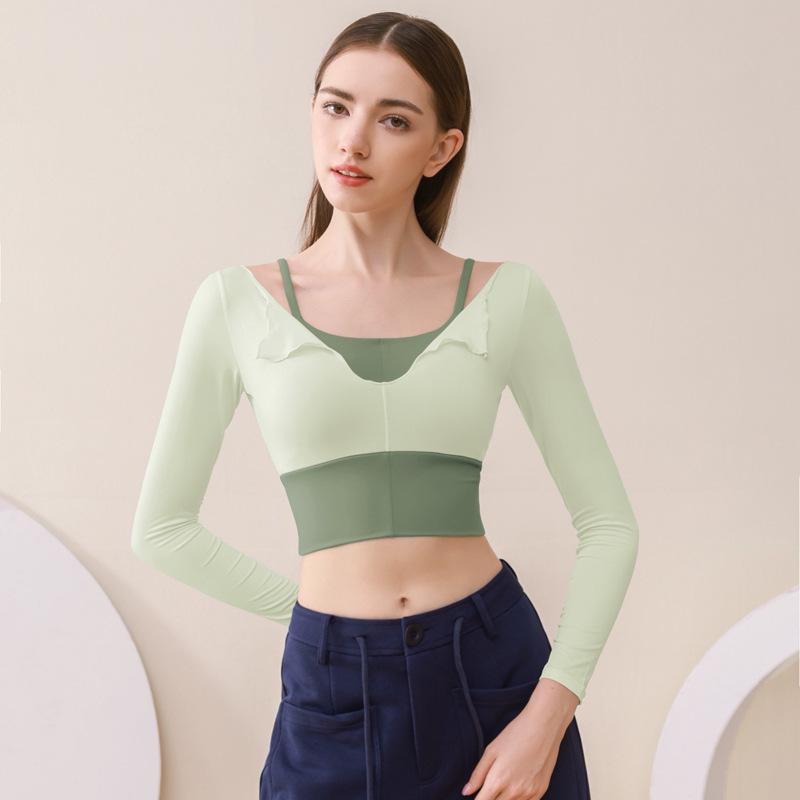 

Женский костюм для йоги с длинными рукавами, имитирующий двойку, с нагрудными вкладышами - Сексуальный, облегающий топ для танцев и фитнеса на осень Small зелёный