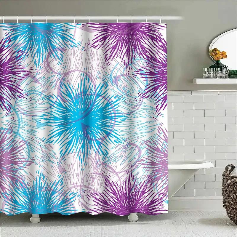 Colorful Burst Shower Curtain Modern Blue Purple Floral Design For Bathroom Decor Polyester Fabric With Metal Rings, Size 72X84'