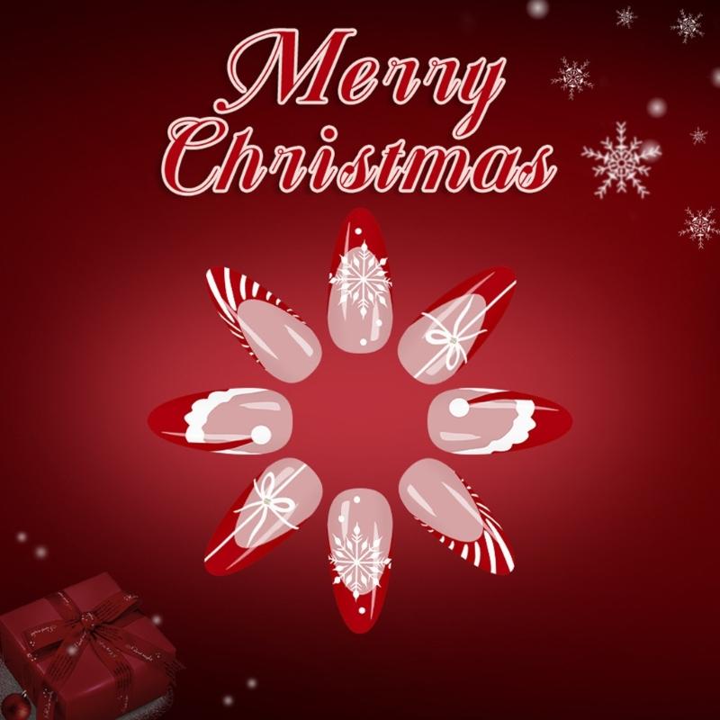Festival French Press On Nail 24Pieces Red Striped Glitters Snowflakes Artificial Nail For Holiday Celebration