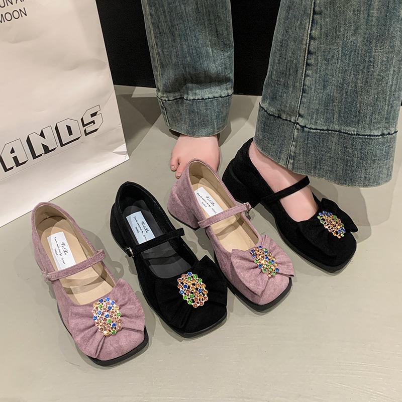 2025 Spring and Summer New Rhinestone Temperament Trendy Horseshoe Heel Square Head Fashionable Gentle Single Shoelace Lock