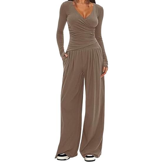 Women's 2 Piece Lounge Sets V Neck Long Sleeve Top And Wide Leg Pants Set Spring Autumn Casual Outfits