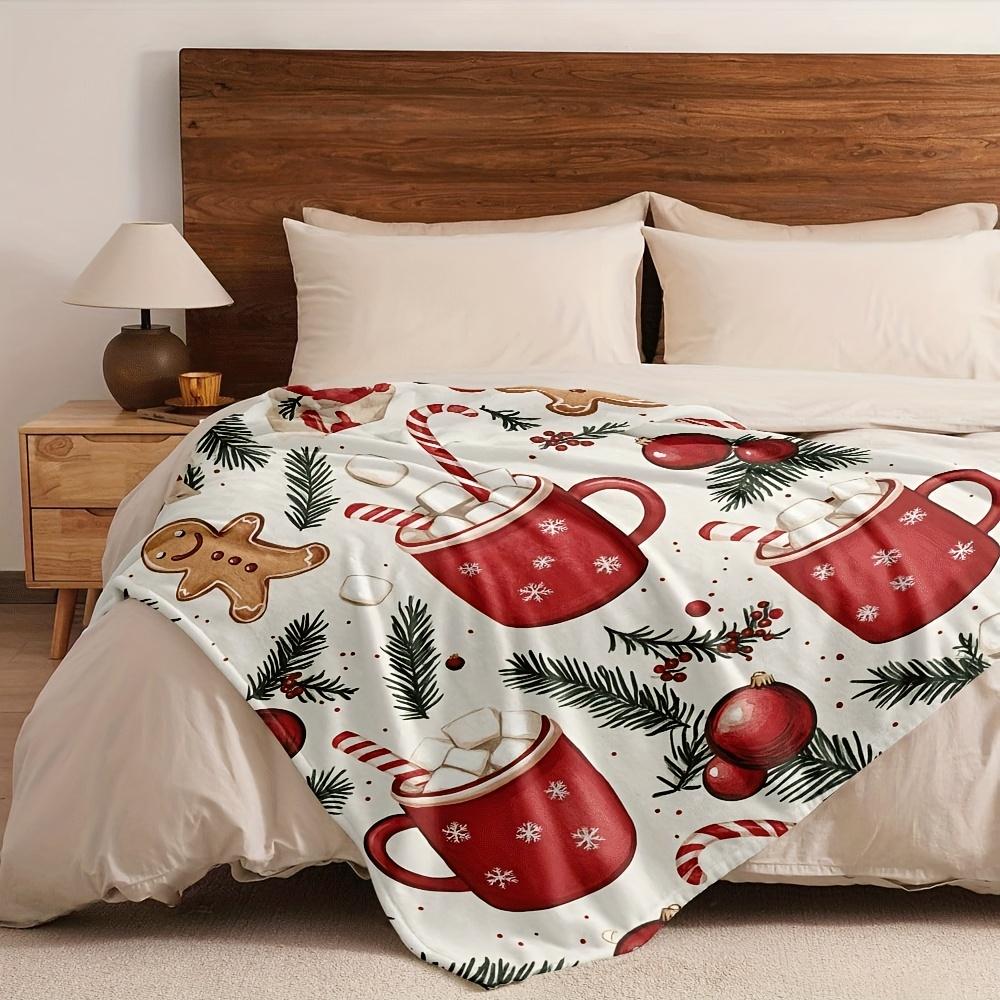 1pc Christmas Flannel Blanket - Soft Cozy Throw with Festive Cocoa Gingerbread Pine Print, All-Season Warmth for Couch