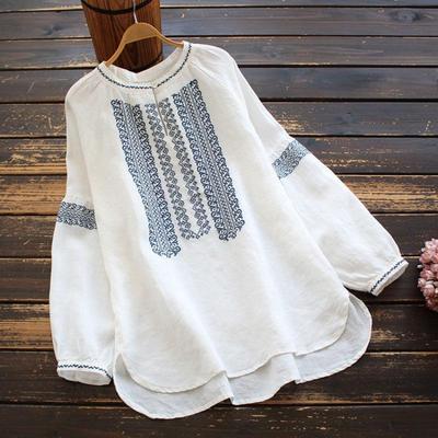 Plus Size Ethnic Embroidered Round Neck T-Shirt for Women - Loose Fit, Spring/Autumn