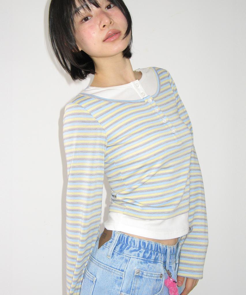 RONRON Layered Henryneck Long Sleeve Blue Stripe