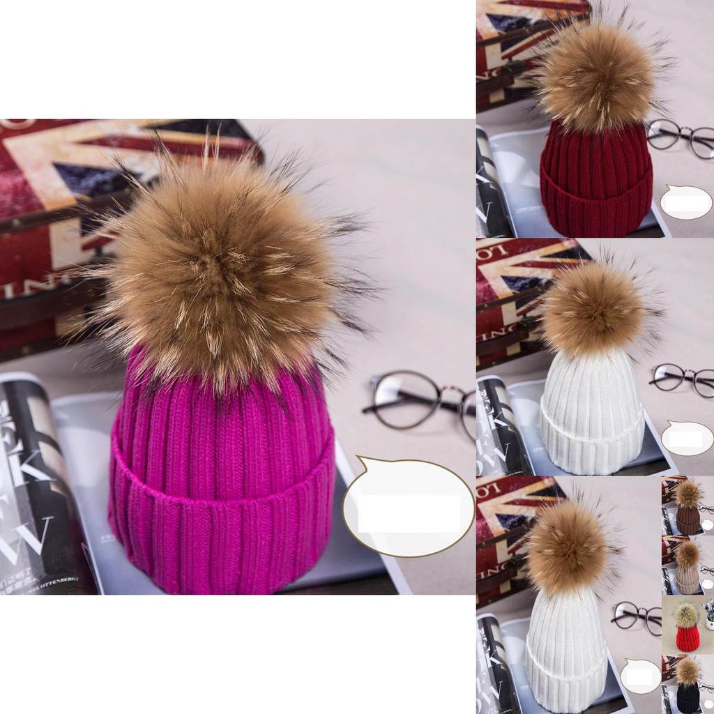 Real Winter New Raccoon Fur Hats Pom Pon Women Lady Knit Beanie Bobble Cap