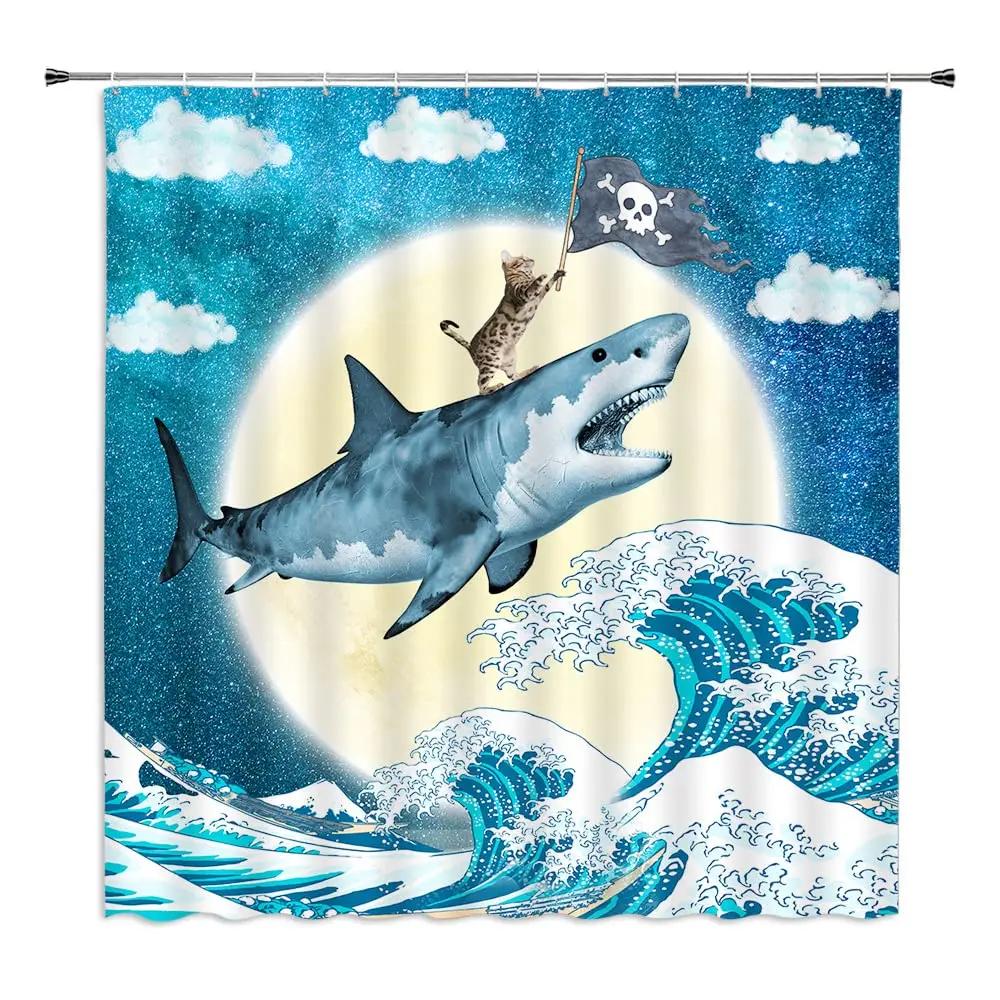 

Blue Graphic Shark Area Shower Curtain With Hooks Polyester Fabric For Boy Kids Cute Marine Life Waterproof Bathroom Curtains W60H190(CM)-1 Pcs