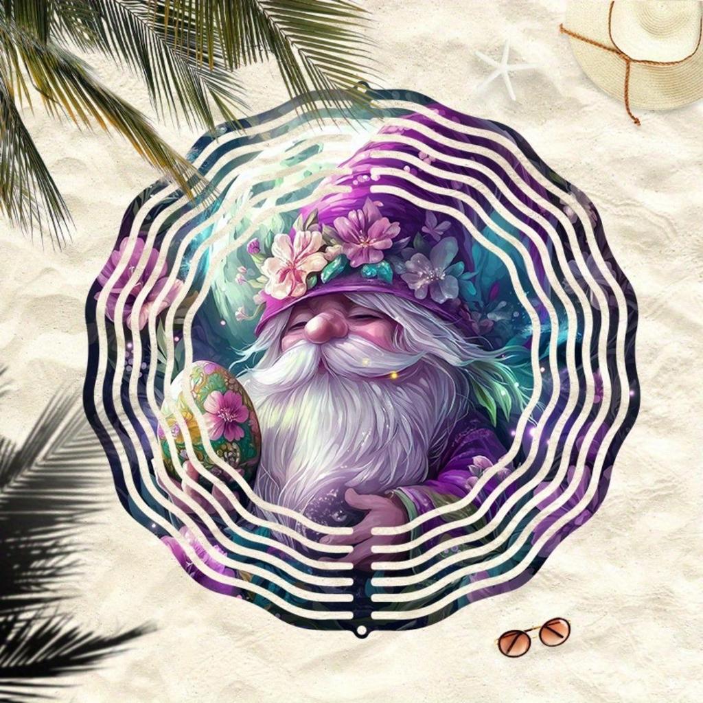 Enchanting Purple Gnome Wind Chime Outdoor Decor Rotating Kinetic Art Moonlit Garden Floral Easter Egg Design Patio Lawn Gift