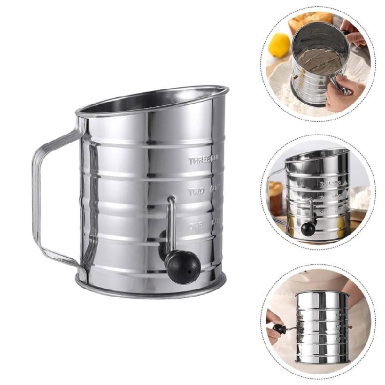 Commercial Grade Flour Sifter with Double Rings 3 Cup Ergonomic Hand Crank Large Capacity Flour Strainer