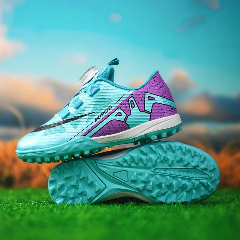 

2025 новые детские футбольные тренировочные бутсы с вращающейся пряжкой, TF шипы, для мальчиков и девочек, студенческие тренировочные бутсы для травы 39