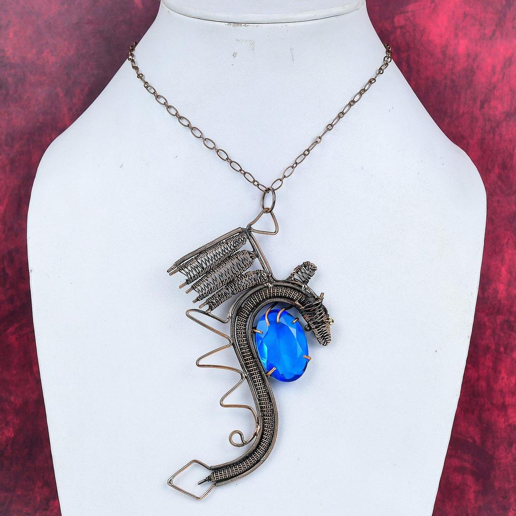 Faceted London Blue Topaz Pendant Copper Wire Wrapped Gemstone Pendant Handmade Dragon Pendant Copper Wire Wrapped Jewelry Gifts for Friend