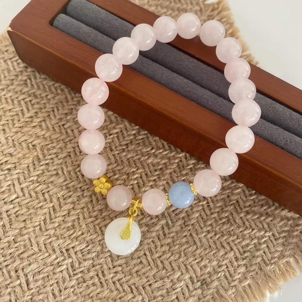 Elegant Forest-Style Pink Stone Beaded Bracelet with Sand Gold Flower - Fresh, Sweet, Versatile Jewelry for Women.