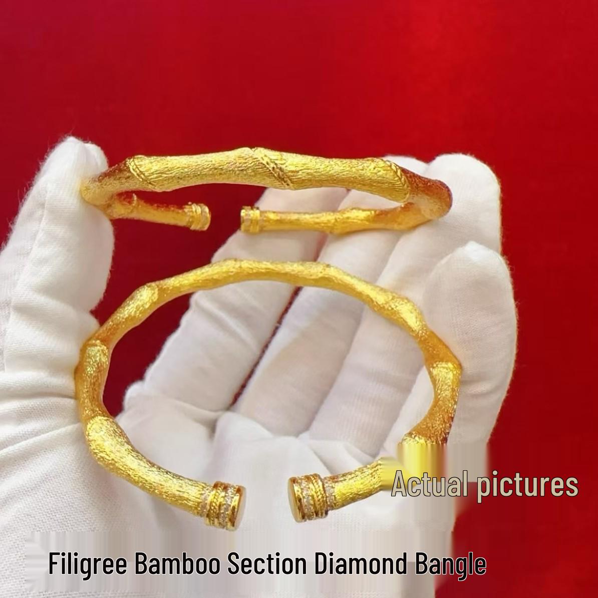 Золотой бамбуковый ручной работы ажурный бриллиантовый браслет-манжета для женщин – Универсальный открытый браслет