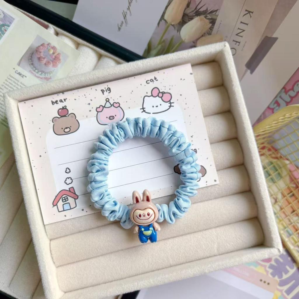 5 Pics Cute Labubu Off-white Intestine Ring Hair Tie - Elastic Fabric Cartoon Style for Kids & Women