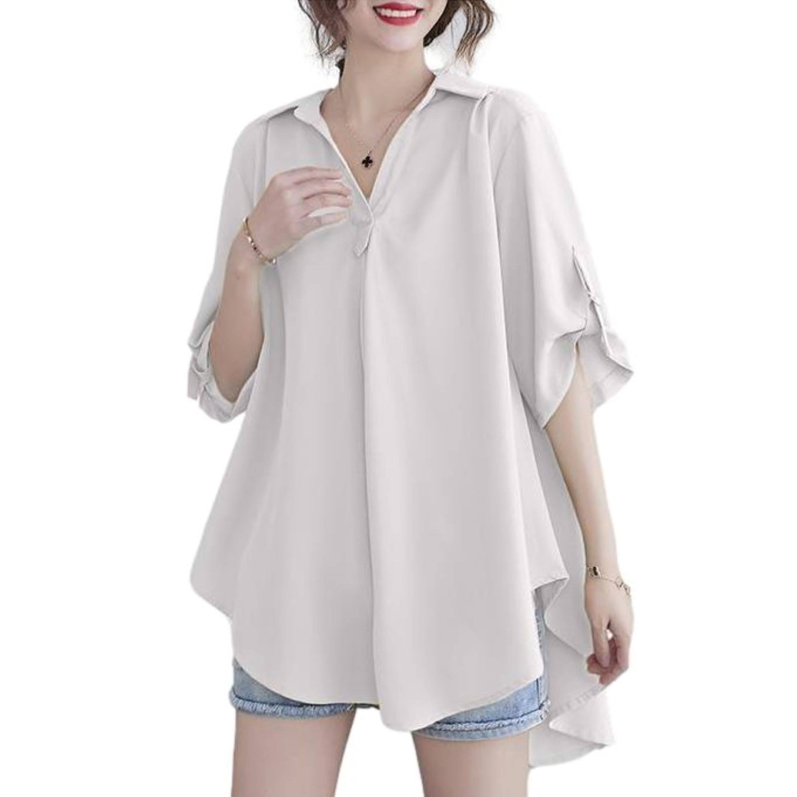 

Туника для шкипера большая весна [голубой берилл] женская, рубашка, пуловер, силуэт, рукав 5/8, шифон, без подкладки, мягкая, пушистая, стирающаяся, оверсайз, блузка, белый