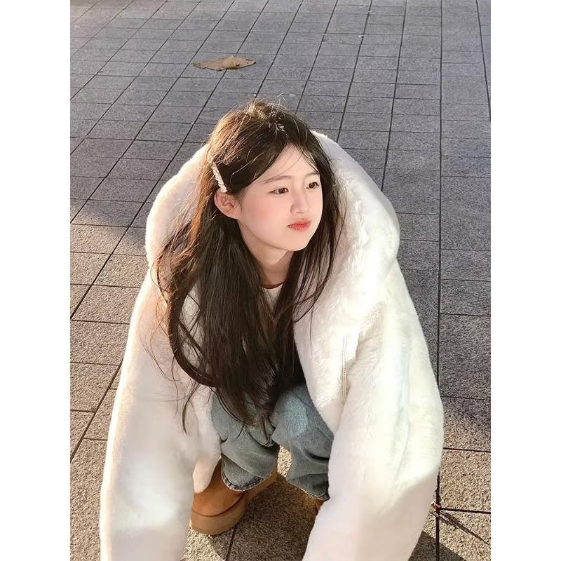 Rex rabbit wool lamb wool hooded coat women's medium and long autumn and winter new loose thickened plush coat