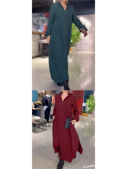 2026 Autumn/Winter European American Casual Solid Color V-Neck Long Sleeve Dress for Women