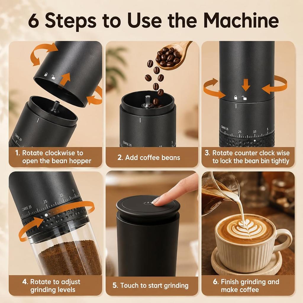 Portable Electric Coffee Grinder, 38 Adjustable Grind Settings for Espresso, Pour Over, French Press, Camping & Travel