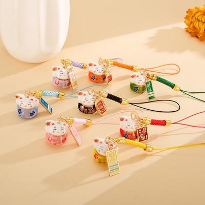Chinese Ceramic Lucky Cat Phone & Bag Charm Lanyard