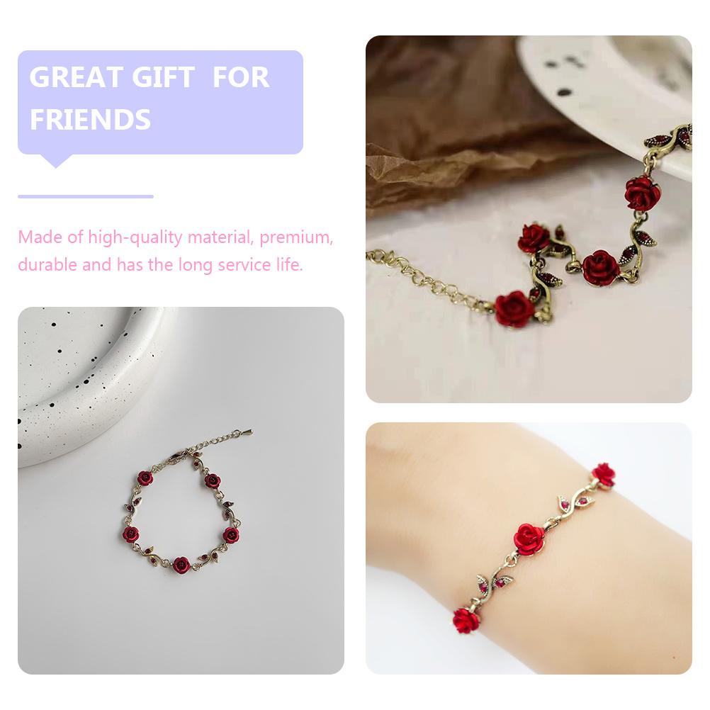 Adjustable Rose Flower Charm Wrist Chain Valentine s Day Gift For Girls Red Long Stem Flower Chain Bracelet Bangle With Lobster