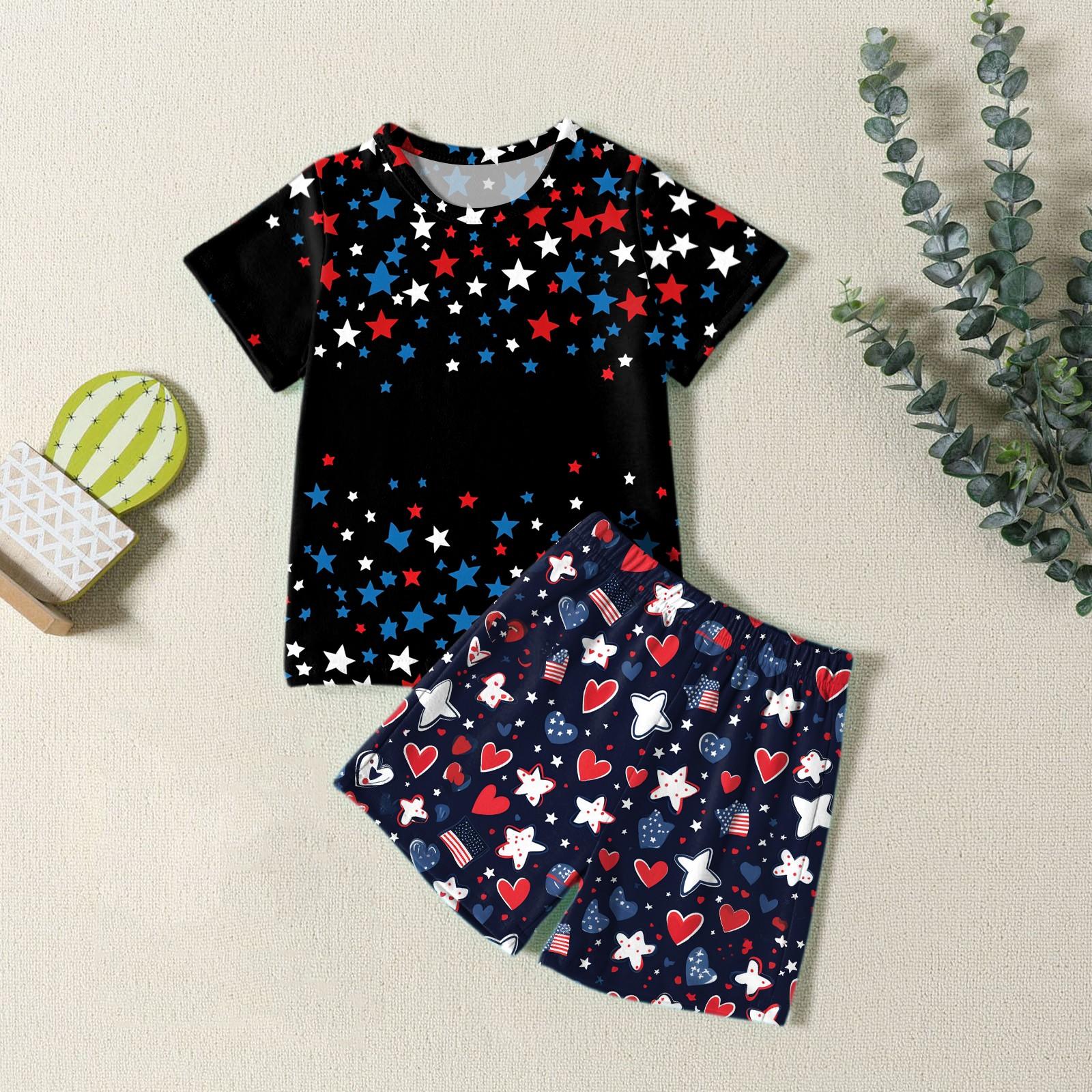 

Boys Girls Fashion Casual Round Neck Short Sleeve T-Shirt Shorts Independence Day Set 100 чорний
