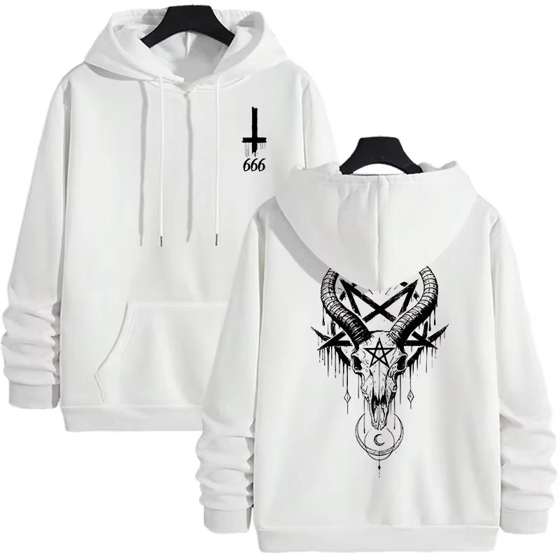Men's Gothic Hoodies Demonic Horror Face Print Sweatshirt Streetwear Autumn Winter Male Top Casual Pullover 666 & Inverted Cross